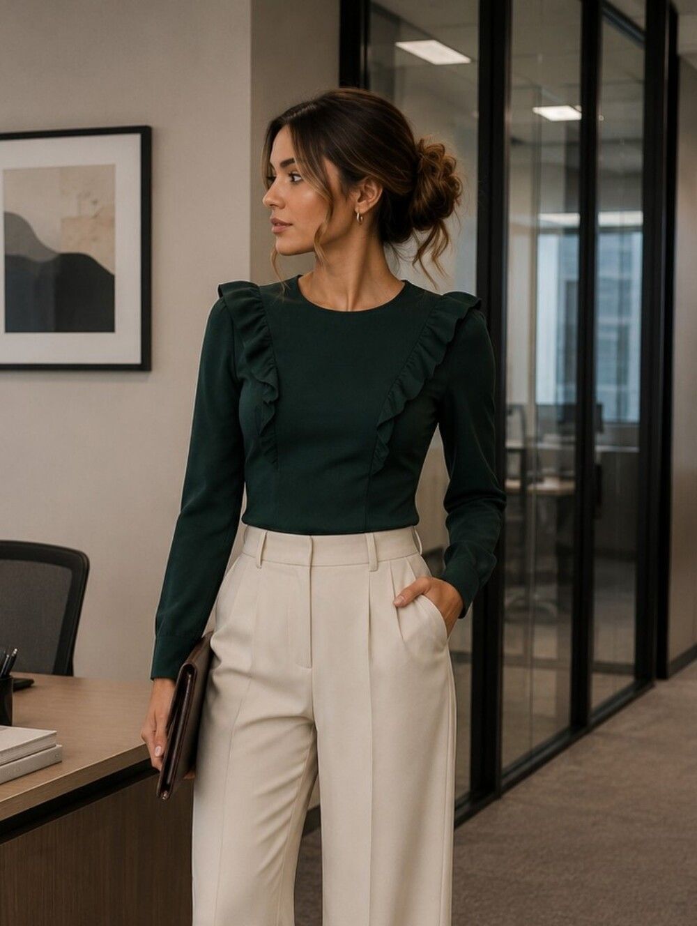 Zara DarkโGreen Ruffle-Detail Women's Top